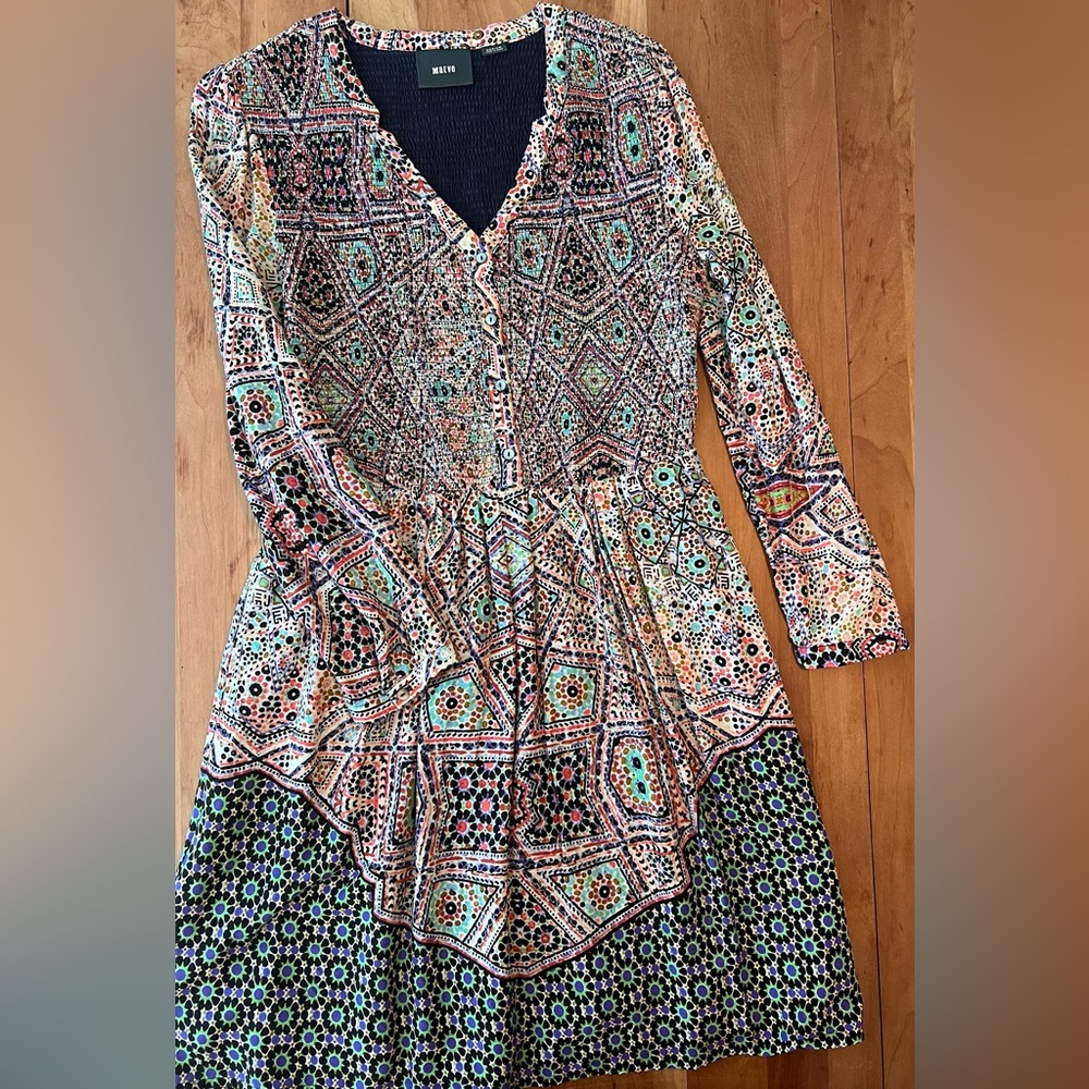 Maeve Multicolor Patterned Long-Sleeve Tiered Dress
